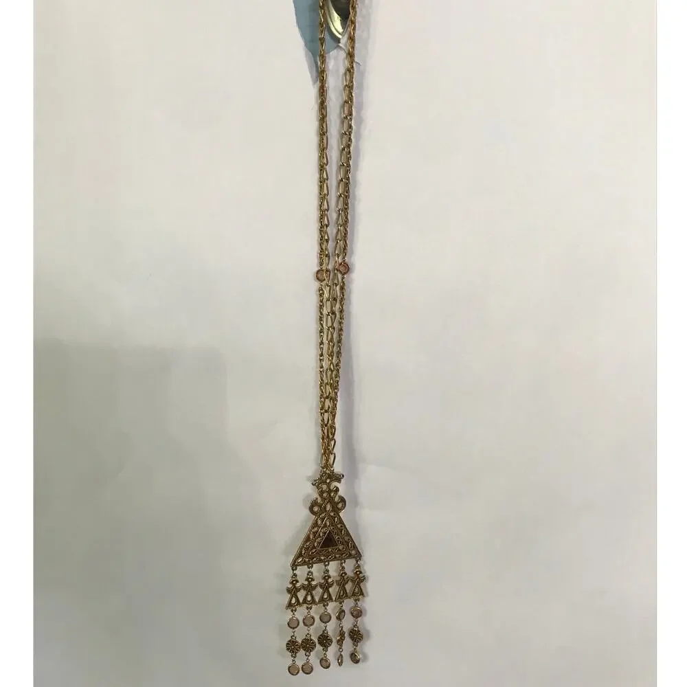 Vintage Goldette Gold Tone Triangle Filigree Pendant Egyptian Victorian Revival
